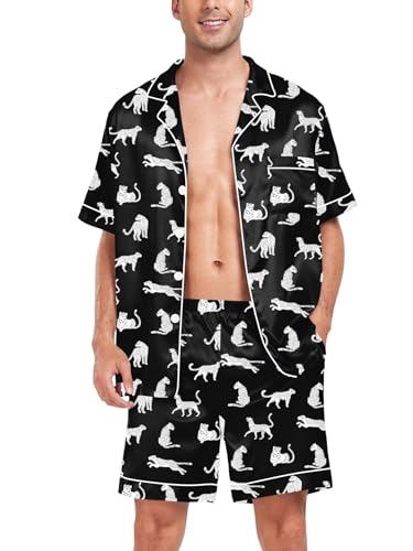 Image of SWOMOG Satin Matching Pajamas Sets Couple Silk Button Down Nightwear Women & Men Short Sleeve Sleepwear 2 Pieces Loungewear