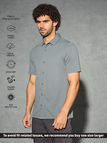 Image of TECHNOSPORT Men's Black Solid Regular Fit Spread Collar Casual Shirt with TECHNOCOOL+