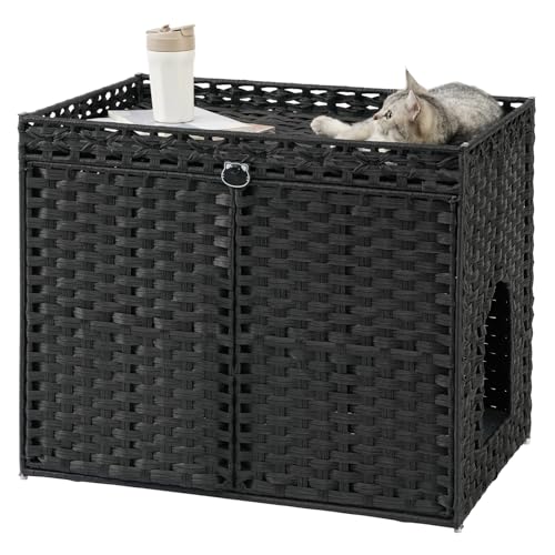 Image of SETVSON Cat Litter Box Enclosure Furniture, Hidden Litter Box, Cat Litter Box Cabinet with 2 Litter Mats, Handwoven Rattan Large Space Cat House, Indoor for Living Room, Bedroom, Apartment Black