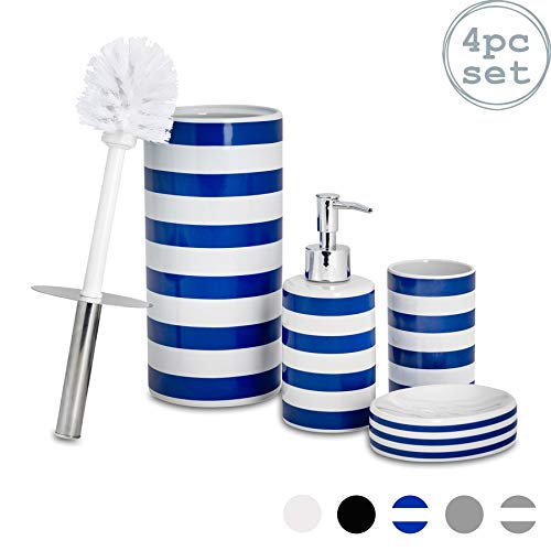 Harbour Housewares Set di Accessori per Il Bagno - Dispenser per Sapone, piattino saponetta, Porta-spazzolini, Porta-scopino - Blu Navy a Righe