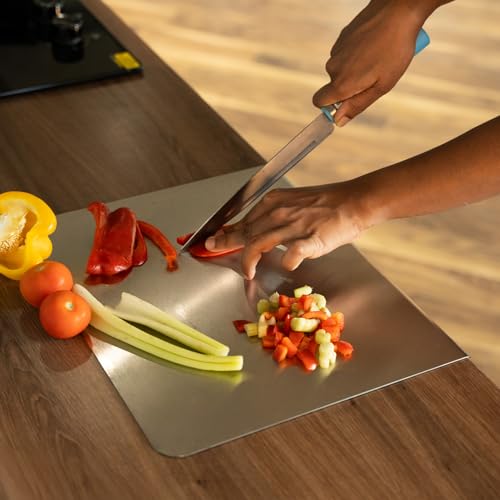 Image of Stainless Steel Chopping Board with Lip for Kitchen| Non Slip Rust Proof Counter top| Easy to use| Round Edge| for Cutting Vegetables, Meat,Fish,Fruits | Medium | 35 x 30 cm