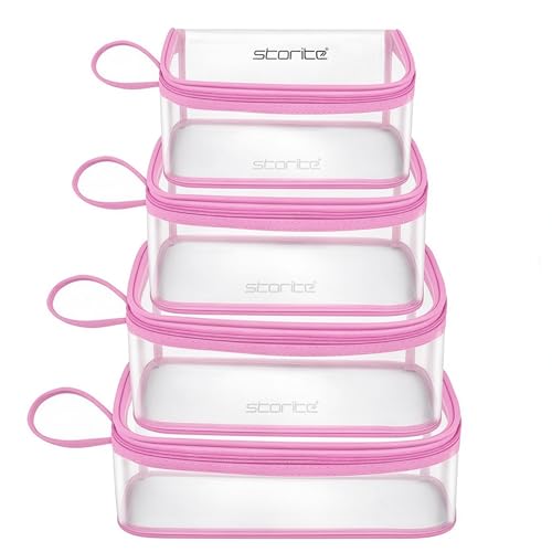 Image of Storite Set of 4 PVC Travel Pouch Multipurpose Waterproof Cosmetic & Toiletry Bags with Zipper for Makeup, Stationery & Accessories - Transparent Pink