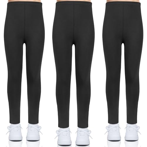 KOOOGEAR 3 leggings deportivos para niña, cintura alta, largos, suaves, elásticos, para danza, yoga, uso diario, 3 piezas negras, 9-10 años
