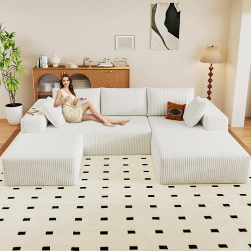 Image of 96 inch U-Shape Cloud Couch, Modern Modular Sectional L-Shape Sofa with Ottoman, Corduroy Upholstered Couches Deep Seat Sleeper Chaise Longue for Living Room, No Assembly Required(White, Right Facing)