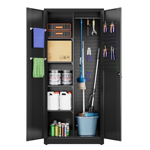 JAORD Metal Broom Closet Storage Cabinet, Garage Storage Cabinet with 5 Pegboard, Hanging Rod &13 Hooks for Garage Home,Black,Required Assembly,71.5" H x 31.5" W x 15.75" D