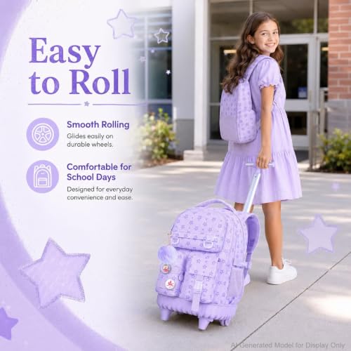 Image of CCJPX 3Pcs Rolling Backpack for Girls, Roller Wheeled School Bookbag, Star Wheels Backpacks with Lunch Box for Kids (Purple)