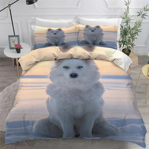 Housse de Couette 220x240 Loup Blanc Parure 3 Pièces