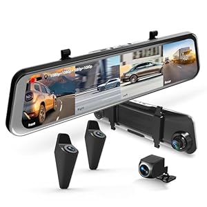 U24 Mirror Dash Cam, 4-Channel, 12” Touchscreen, 1080p, 170° Wide Angle, Stream Media, Auto-Backup Camera for Car, Truck, Taxi, Night Vision, Parking Monitor，Free 128GB Card