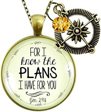 For I Know Plans I Have Necklace Boho Aesthetic Bronze Faith Jewelry for Women Chain 24" - Handmade Glass Pendant Bible Verse Compass Charm Umber Bead, Affectionately Boxed Gift Ready Message Card