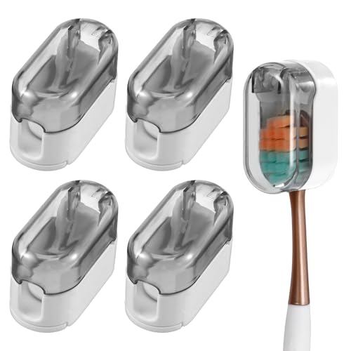 4 Stück Zahnbürste Abdeckung, Tragbares Reise Zahnbürste Schutzkappe Plastik Zahnbürstenschutz Zahnbürstenhalter mit selbstklebender Rückseite für Familienreisen Camping Badezimmer Schule(Lichtgrau)