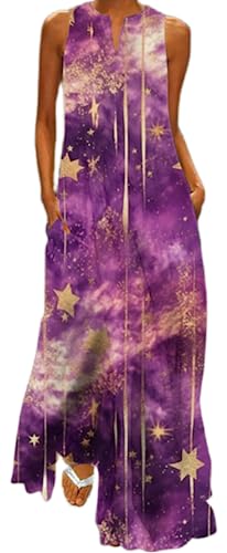 Ocean Plus Damen Muster Maxikleid V-Ausschnitt Kleid mit Stecktaschen und Weitem Rock
