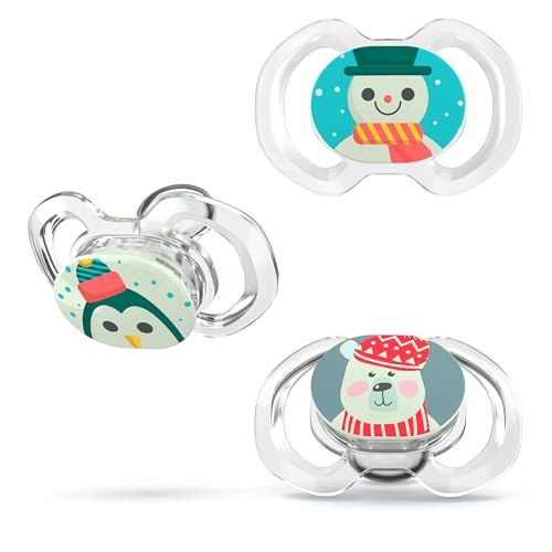 Smilo Baby Christmas Pacifier - 3 Pack of Slimline Dummies for Babies from 9+ Months - 100% Silicone Glow in the Dark Binky BPA Free - Winter Animals