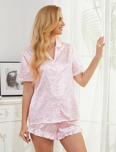 Image of Silk Pajamas for Women Satin Womens Pajama Sets Short Sleeve Set 2-Piece Sleepwear