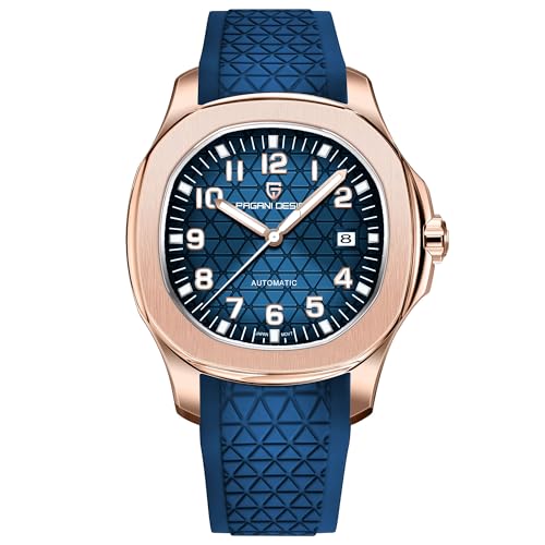 TYBERLEY Pagani Design Elegant Mens Automatic Mechanical Watch Octagonal Stainless Steel Case Japanese 8215 Movement Fluororubber Strap Waterproof Casual Sport Watch Date (Gold Blue)