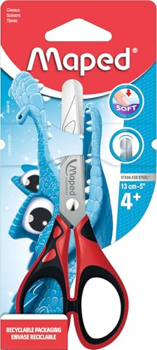 Maped - Tijeras Escolares - Essentials Pulse Soft 13 cm - Puntas Redondeadas - Hojas Graduadas en cm - 3 Diseños Diferentes - Multicolor
