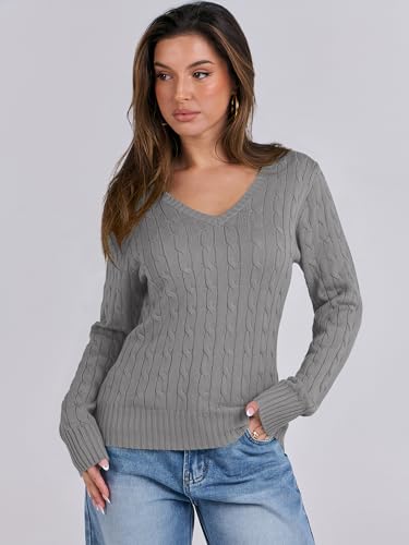 Image of ANRABESS Women's Cable Knit V Neck Fitted Sweaters