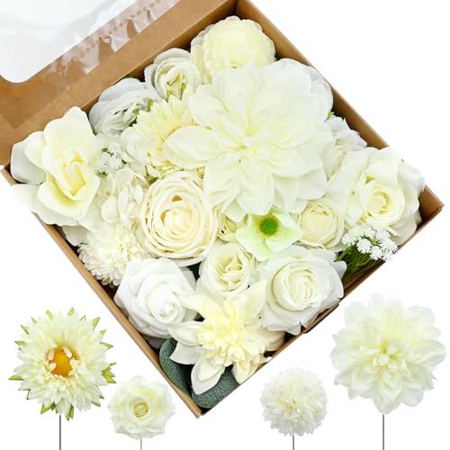 Artificial Flower Luxury Combo Flowers Bouquet Set Real Touch Cake Fake Flowers Leaf Silk Rose Tulips for DIY Bridal Wedding Bouquets Centerpieces Home Decoration Baby Shower Party (Pure white)