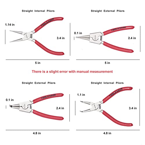 Tooleague 4 Pcs Mini Snap Ring Pliers Set, Circlip Pliers, 5 Inches Internal/External Heavy Duty For Ring Remover Retaining Straight Bent Lock Ring Pliers Set (5 Inches, Red) #TOP1