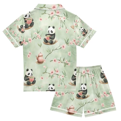 senya Panda Drinking Tea Satin Summer Pajama Sets Silk Short Sleeve Button Down Sleepwear2