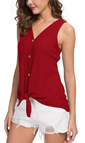 IWOLLENCE Womens Loose Henley Blouse Sleeveless Button Down T Shirts Tie Front Knot Tops Red X-Large
