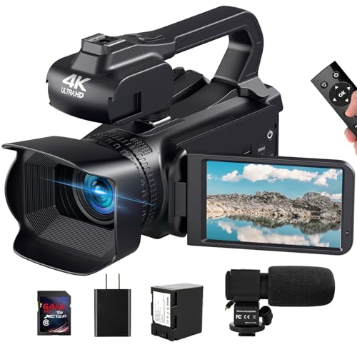 4K Video Camera Camcorder 64MP 60FPS, HD Auto Focus 18X Digital Zoom 4.0" Touch Screen Vlogging Camera with 4500mAh Battery, Charger, Microphone, Handhold Stabilizer, Remote Control, 64G SD Card