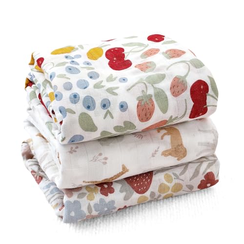 Image of Muslin Swaddle Blankets for Baby Boys and Girls,3 Pack Breathable Soft Receiving Blanket,Large 43.3X 43.3 inches,Newborn Essentials Must Haves(Floral and Animal)