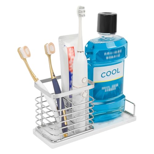 Image of Toothbrush Holder, Luxurious Metal Toothbrush Toothpaste Holder with Marble Base for Bathroom, Multi-Slots Openwork Design, Bathroom Accessory for Storage and Organizer (Large, Chrome)