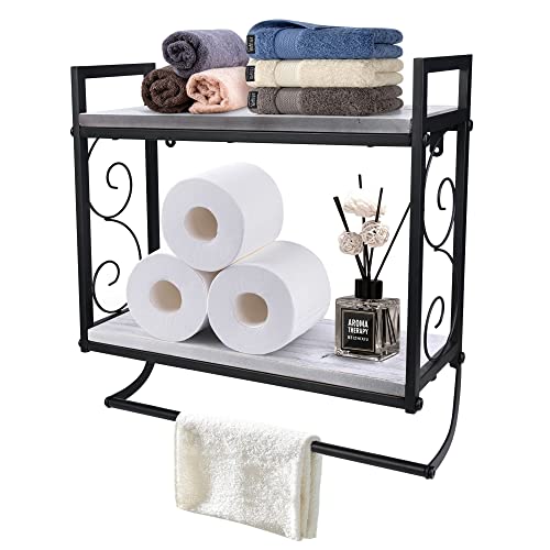 Gxiongmy 2-Tier Small Wall Shelf For Bathroom,16.9" Towel Rack With Shelves,Bathroom Shelves Over The Toilet,Floating Shelves With Towel Bar,Made Of Natural Real Wood And Metal Frame,White #TOP4