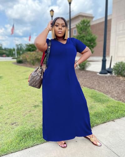Image of TOPSRANI Womens Plus Size Maxi Dresses for Women Oversize Casual Short Sleeve V Neck Loose Plain Solid Trendy Summer Dress