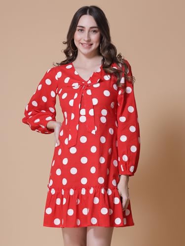 Image of GOD BLESS Red Colored Cotton Polka Dot Printed Short Dress,Short Length,Full Sleeeves,V Neck