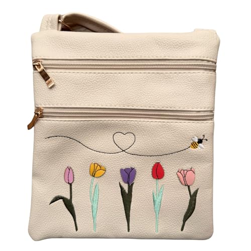 Sac à bandoulière léger pour tous les jours au motif de tulipes et abeilles brodées