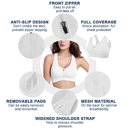 Tuopuda Women's Sports Bra - Zip Front, Comfy Post Surgery, High Impact Wireless, Running Bra, Cross Back Support, Removable Pads, Yoga Bra for Workout Fitness - Image 3