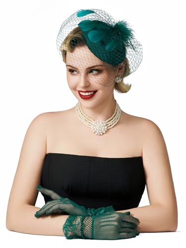 SWEETV Fascinators Pillbox Hats for Women, Tea Party Hat and Short Lace Gloves Set Perfect for Kentucky Fascinator Derby, Cocktail, Wedding, Fancy Dress Party, Green