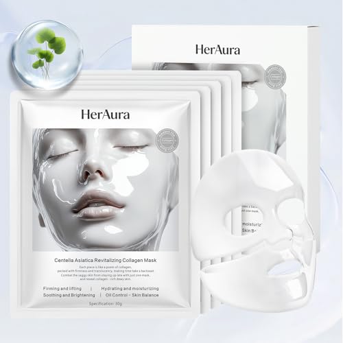 Image of Collagen Face Mask Skin Care Centella Asiatica Hydrating Hydrogel Masks 5-Pack,Soothing and Firming with Niacinamide, Vitamin C and 200Da Bio-Collagen for Sensitive Skin