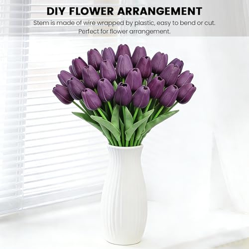 Subacy 30 PCS Artificial Tulips Real Touch Tulips 35cm/13.5inch Long Stem Fake Flowers Silk Flowers for Spring Easter Mother's Day Decorations（Dark Purple） by Subacy - Used condition - Image 7