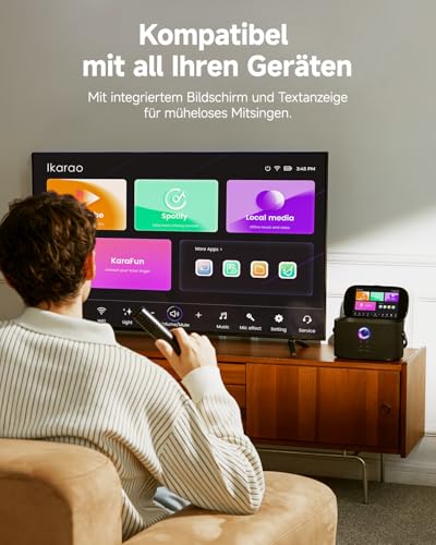 Ikarao Karaoke-Maschine - Komplettsystem mit Textanzeige, 2 Mikrofonen, 140W, Bluetooth, HDMI-Anschluss, selbstaufladend, für Karafun-App, ideal für Home-Party & Fernseher （Shell S2）