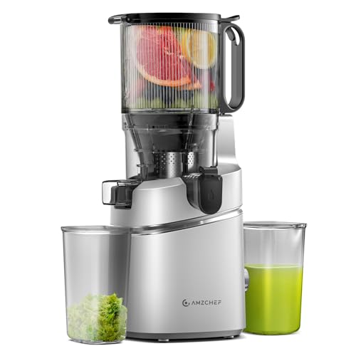 AMZCHEF Extracteur de jus automatique Vos mains libres, Ouverture de 135 mm et capacité de 1,8 L Extracteur de jus de fruits et légumes entiers, Extracteur jus lent de 250W avec triple filtre - Argent