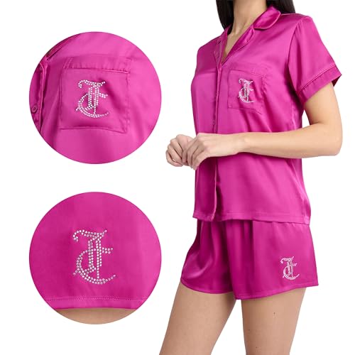 Image of Juicy Couture Women's 2 Piece Satin Notch Collar Button Down Shirt and Pajama Shorts Lounge and Sleepwear Set