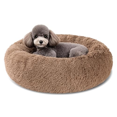 Dog Calming Beds for Small Medium Large Dogs – Round Donut Washable Puppy Dog Bed, Anti-Slip Faux Fur Fluffy Donut Cuddle Anxiety Cat Pet Bed(20” Khaki