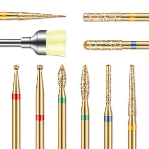 Cuticle Diamond Nail Drill Bits: 10pcs 3/32' Nail Bits Kit for Nail Drill E-File for Acrylic Gel Manicure Pedicure - Salon & Home Nail Care Tools Gold