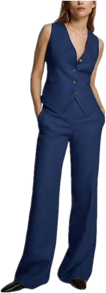 Summer Womens Linen Suit 2 Piece Outfits Vest and Wide Pants Set