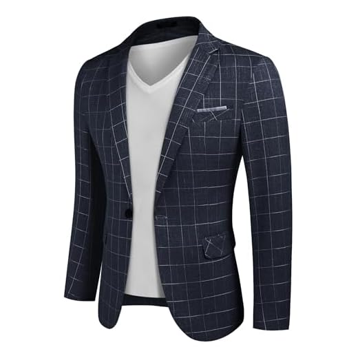 COOFANDY Terno casual masculino blazer jaquetas leves casacos esportivos um botão, Blazer xadrez - azul-marinho, Medium Plus
