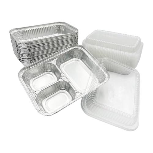 The Baker Celebrations 3 Compartment Aluminum Foil Trays with Lids [30] Pack - 20 oz Disposable Divided Meal Prep Containers - To Go TV Dinner Plates for Takeout & Freezer - Made in USA (8.5" x 6.5")