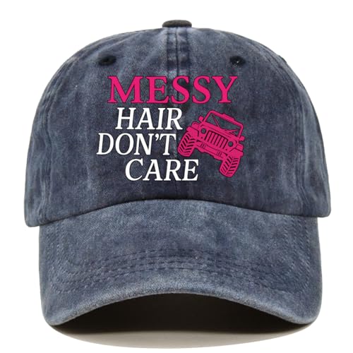 Pishovi Messy Hair Dont Care Distressed Washed Blue Baseball Cap Vintage Adjustable Cotton Cap Jeep Gifts for Men Women Cute Trucker Hats for Women Thank You Gifts for Trucker Jeep