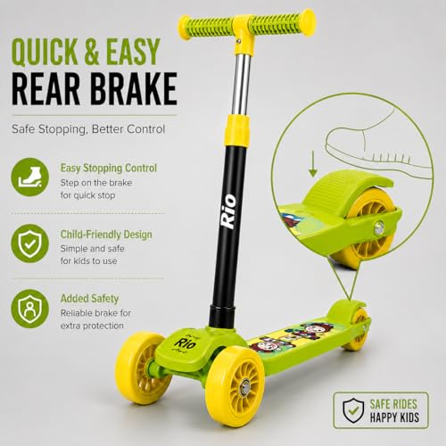 Image of MiniExplorer Rio Kids Kick Scooter for Boys & Girls 3-12 Years - Green | Adjustable Height Foldable Scooter with Rear Brake & Anti-Slip Deck | 3 Wheel /2 Wheel Outdoor Scooter for Kids