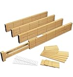 TidyLo 4 Separadores de Cajones Ajustables de Bambu 40–56 cm (Altura 6 cm) con 12 Divisores y 30 Etiquetas – Organizador de Cajones Cocina Extensible, Resistente y Antideslizante