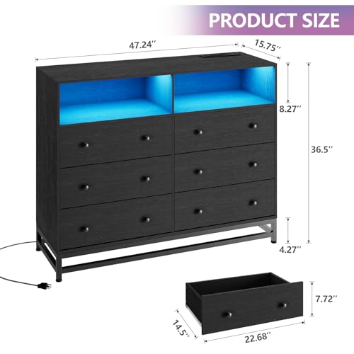 GarveeHome Black Dresser for Bedroom, Wooden Modern 6 Drawers Wide Dresser with Charging Station and Led Lights Design, Large Capacity Storage Chest of Drawers