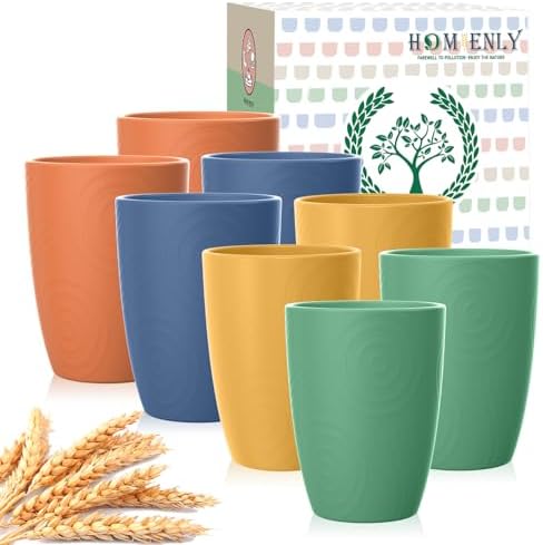 Homienly Drinking Glasses Cups Set of 8 - Wheat Straw Cups | Alternative to Plastic Cup 16 OZ | Reusable Unbreakable Water Tumblers | Dishwasher Safe Drinking Cup for Kitchen - Multi Color
