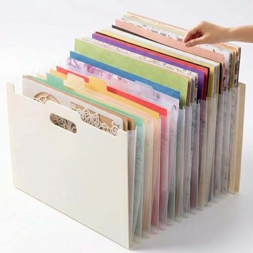 12x12 Scrapbook Paper Storage Organizer with 13 Expandable Pocket Large Scrapbook Paper Storage for Craft Room Sticker Storage and Organization Desktop Paper Holder (Cream)