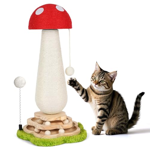 Mushroom Cat Scratching Post Cat Tree, Cute Cat Scratcher Tower with Interactive Ball Two-Layer Track Spring Ball Toys, Mushroom Scratch Post Cat Sisal Scratcher with Catnip for Indoor Cats by Himake - Used condition - US$33.99